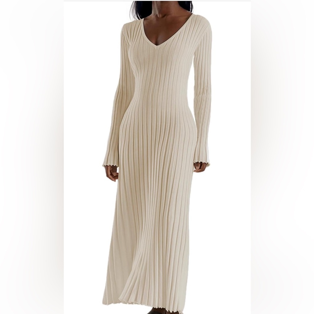Beige long sleeve Ribbed knit maxi Dress